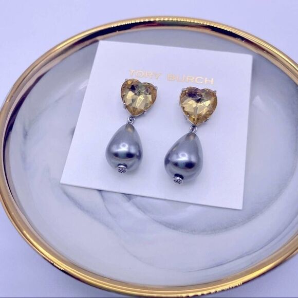 NWOT Tory Burch Silver Citrine Crystal Gray Pearl Dangle Stud Earrings - Picture 4 of 10